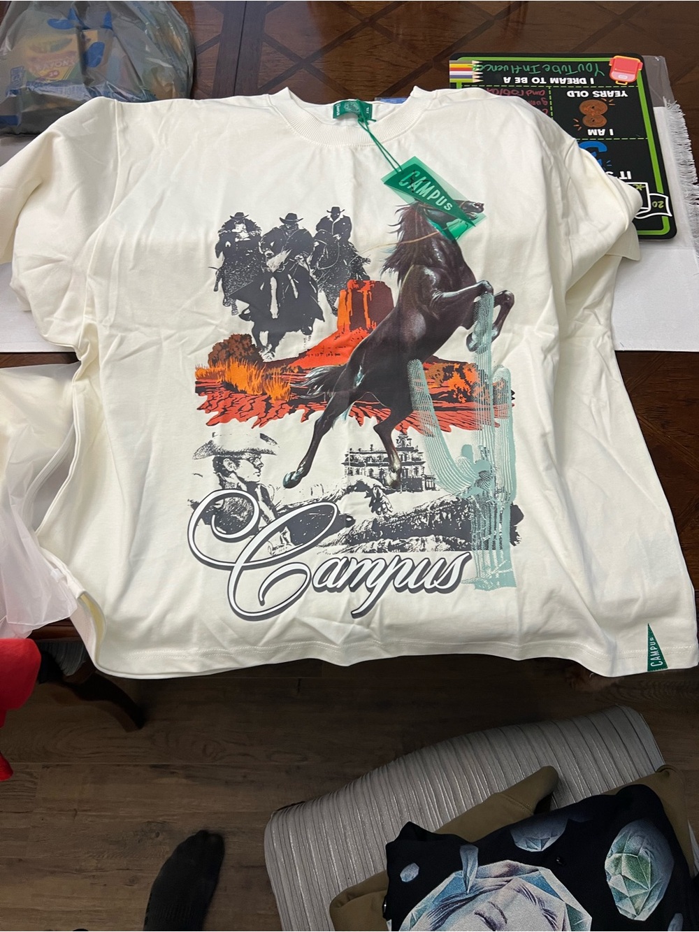 Campus Men’s Cream Graphic Short Sleeve Tee with Horse Print